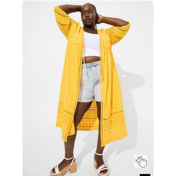 Festi X Torrid Golden Yellow Cotton Eyelet Kimono Size 1 - Picture 1 of 7